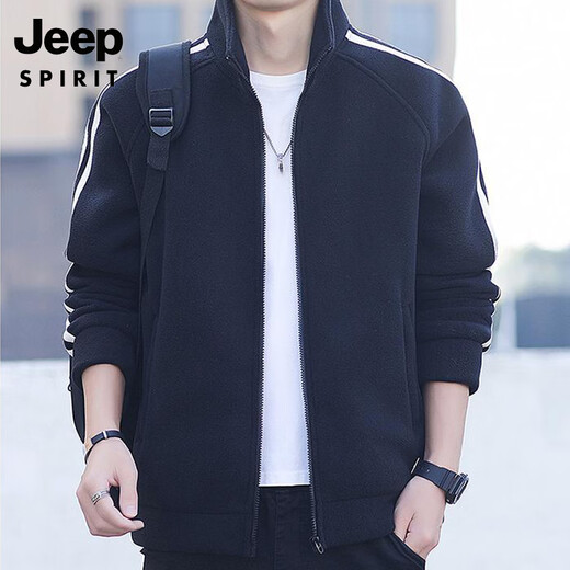 JEEP SPIRIT Jeep Men's Cardigan Sweatshirt Plus Velvet Thickened Striped Stand Collar Polar Fleece Autumn and Winter Jacket Warm Casual Jacket 8868 Military Green Regular Style XL (Recommended 140-160 Jin Jin equals 0.5 kg)