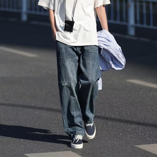 7家优品水洗做旧牛仔裤男士冬季新款高街美式阔腿工装潮流宽松直筒裤子 JSH- M757-黑色 XL