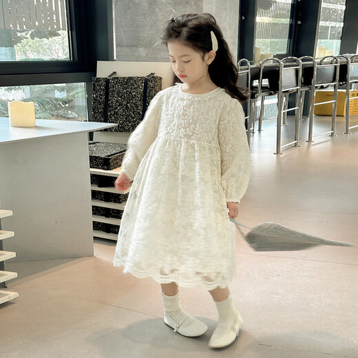 Tutu Little Elephant Girls Dress 24 Spring and Autumn Western Style Children's Fairy Dress Lace Jacquard Puff Sleeve Princess Dress Apricot 120
