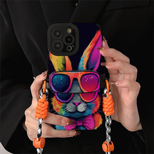 Tongrubi flat smile is suitable for vivo Huawei Honor Xiaomi Apple iPhone 14 promax mobile phone case 15 13 back clip S16 3884 cute rabbit + back clip lanyard iPhone 13Pro