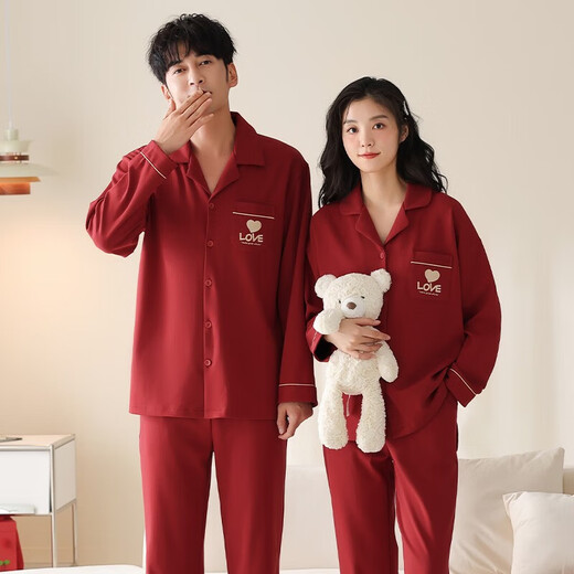 Admiring Autumn and Summer Wedding Couple Pajamas Pure Cotton Long Sleeve Long Style Suit Year of the Snake Red Zodiac Year Men and Women Spring and Autumn Style JS-6098 2 Set Price Female L + Male XXL