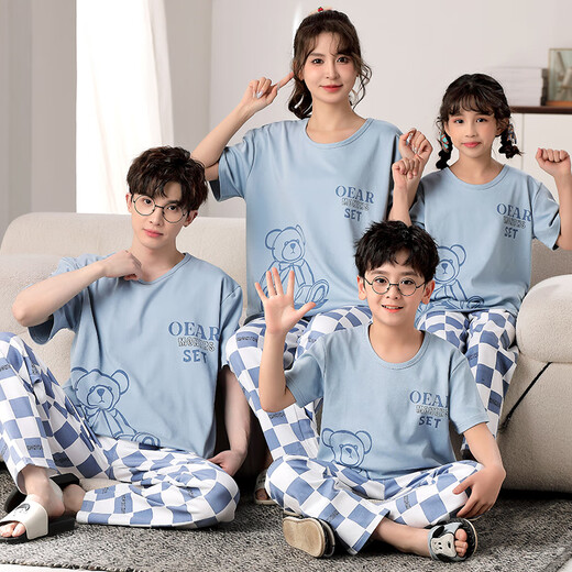 曼妮朵春秋儿童睡衣卡通纯棉短袖长裤亲子装一家三四口中大童家居服套装 F724【短长】 L码建议160-165cm