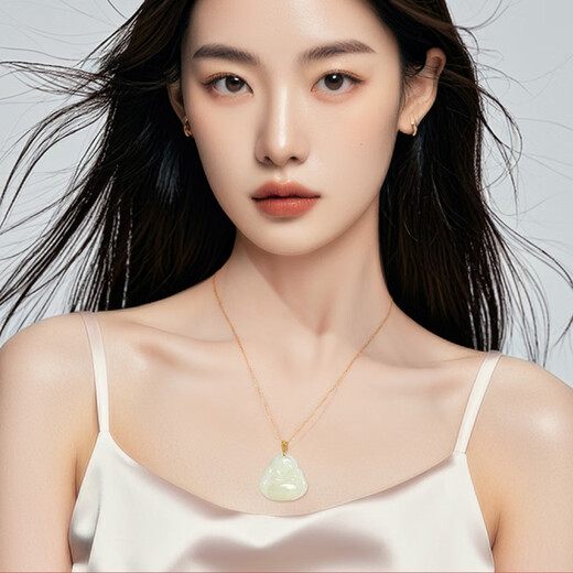Phoenix Jewelry 18K Gold Inlaid Hotan Jade Buddha Pendant Women's Maitreya Buddha Natural Jade Necklace Birthday Gift
