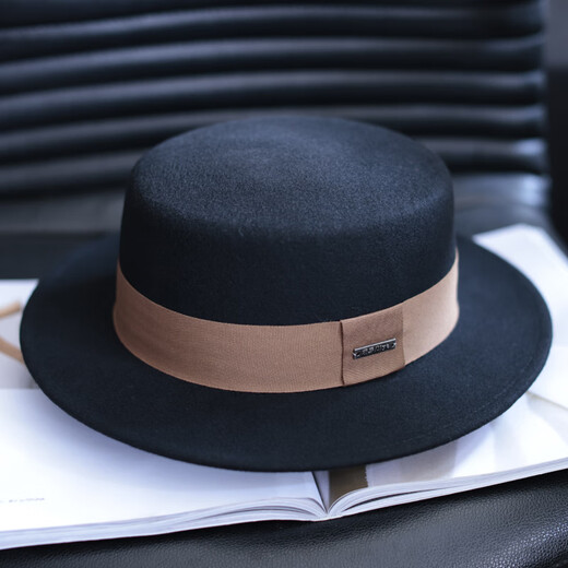 Tochino hat women's autumn and winter casual versatile fashion top hat black wool flat-edge top hat British retro flat-top hat men black regular M size adjustable (54-57.5cm)