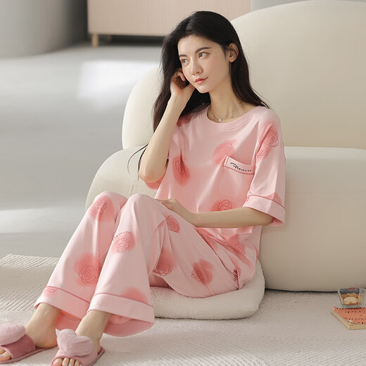 红豆官网织睡衣女夏季纯棉短袖长裤薄款全棉夏天女士家居服套装春秋季 YZT9715 短袖长裤 L 100-120斤