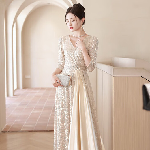Yingwen Champagner-Farbabendkleid für Frauen neue Stil, leichte Luxus Nische High-End-Host-Pailletten Chor-Performance-Kostüm, Champagnerfarbe XL Vorschläge 110-120jin [Jin ist 0,5 kg]