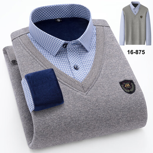 Promon thermal shirt men's winter long-sleeved velvet thickened fake two-piece shirt collar sweater sweater pullover for young and middle-aged people 1648 XL