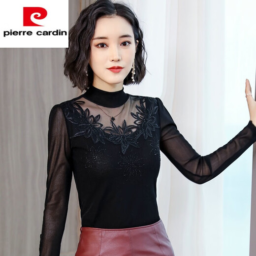 
Pierre cardin mesh bright silk base shirt for women autumn 2025 new high-neck inner long-sleeved T-shirt lace top for women 6224 black paper-cut flower thin XL (90Jin [Jin equals 0.5 kg]-115Jin [Jin equals 0.5 kg])