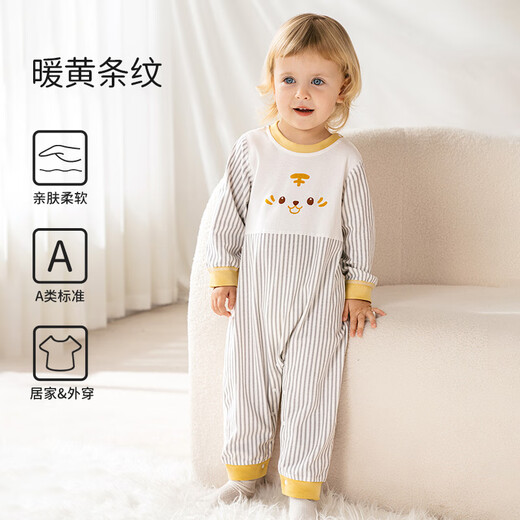 OUYUN baby pure cotton sleeping bag, baby pajamas, spring and autumn boys and girls jumpsuits, children's anti-kick quilt, home clothes, suitable for all seasons, warm yellow stripes (selected Xinjiang cotton) 80 cm recommended height 80cm-90cm