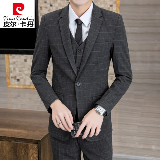 Pierre Cardin Korean style plaid suit suit men's casual business formal three-piece suit groom's wedding suit jacket men's light gray suit + vest + pants tie XL