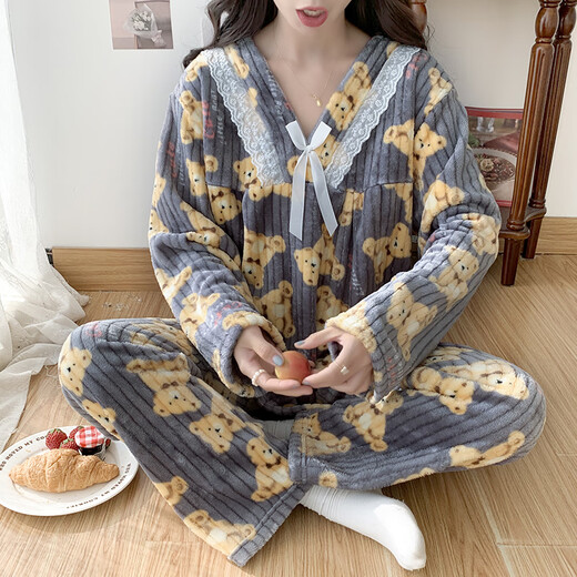 喻玖胖mm睡衣女秋冬季珊瑚绒套装加厚大码加肥200斤法兰绒甜美家居服 Y6627#兰兔 M码(80-100斤)