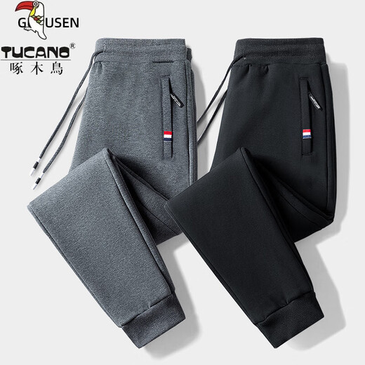 Woodpecker Pants Men's Spring and Autumn Casual Sports Men's Pants Men's Loose Straight Trousers Spring and Autumn Style Running Pants with Small Legs Two Legs Black + Dark Gray (Spring and Autumn Style) XL (Recommended 110-125 Jin Jin equals 0.5 kg)