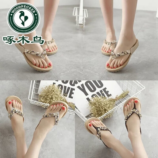 Woodpeckers wahres weiches Leder modische Flip-Flops für Frauen 2025 Sommer-Vielseitigkeitsspielraum für Mutterschaftsschuhe flache Absatz Sandalen Golden 36
