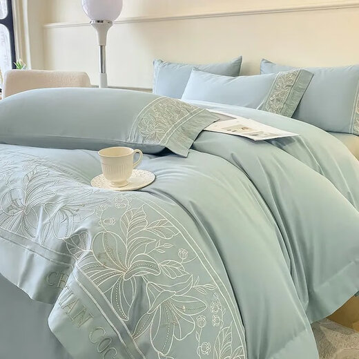 Crystal Home Textiles European Maternal and Infant Long Staple Cotton Four-piece Set Pure Cotton Light Luxury Embroidered Quilt Cover Sheet Sheet Fitted Sheet Full Cotton Upgraded Baby Grade Heavy Embroidery * Starry Blue * Suitable for 1.8m bed Four-piece Set * Quilt Cover 2x2.3m