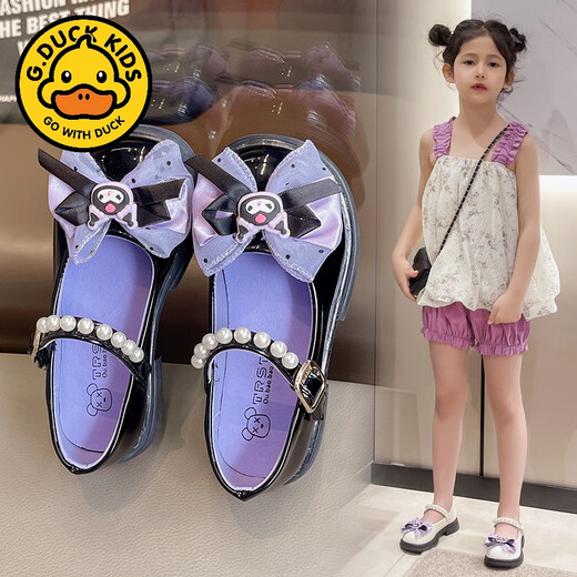 G.duck girls leather shoes 2024 spring and autumn new style children's style bow princess shoes girls beanie shoes Kuromi shoes trendy black 27 inner length 16CM