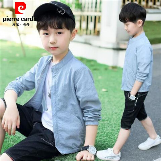 Pierre Cardin children's clothing boys' thin jacket 2025 new summer baseball uniform medium and large children's jacket cardigan children's sun protection clothing trendy gray blue 140 cm height about 130cm