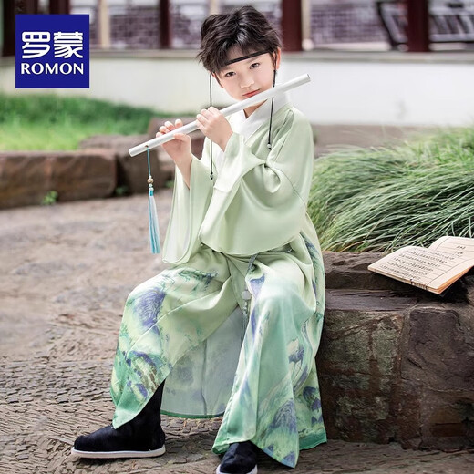 罗蒙汉服男童中国风儿童新中式古装演出服 青山绿男童汉服套装 130