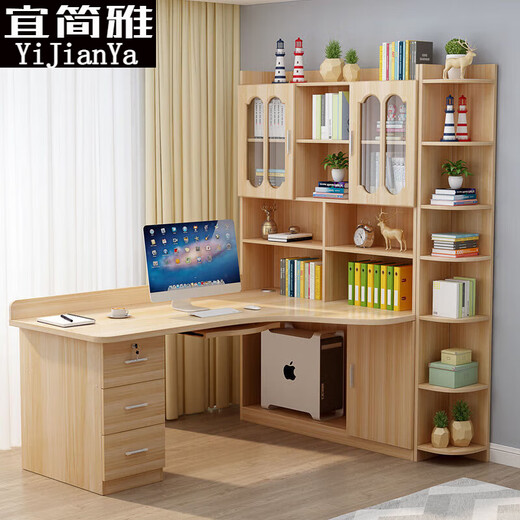 Solid wood desk bookshelf combination corner desktop computer desk desk bookcase integrated child bedroom corner study table white 120*80 upper door host model