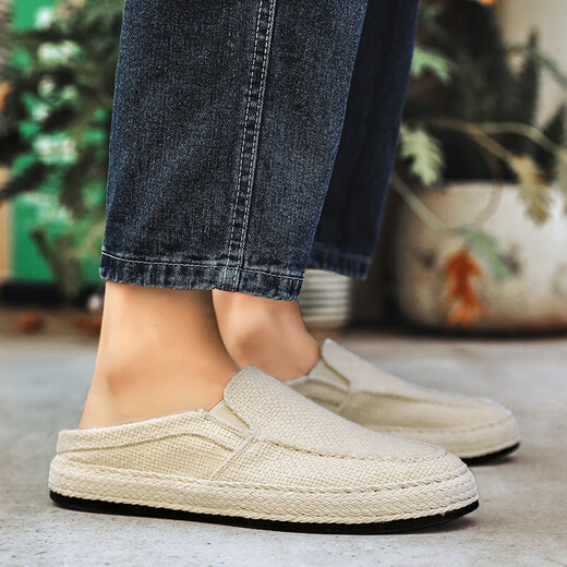 Changxiang Huili Canvas Herrenschuhe im Sommer vielseitige Freizeitbrettschuhe Faule Menschen Pedal Herren alte Peking -Stoffschuhe arbeiten weiche alleinige trendige Schuhe Beige 42