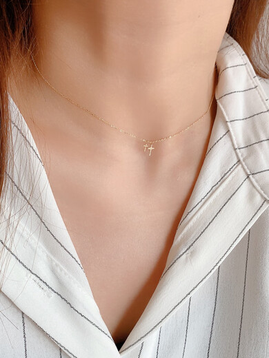Xuecong Korean pure 14K necklace simple mini inlaid zircon cross pendant slim mini K gold clavicle chain necklace 14K gold