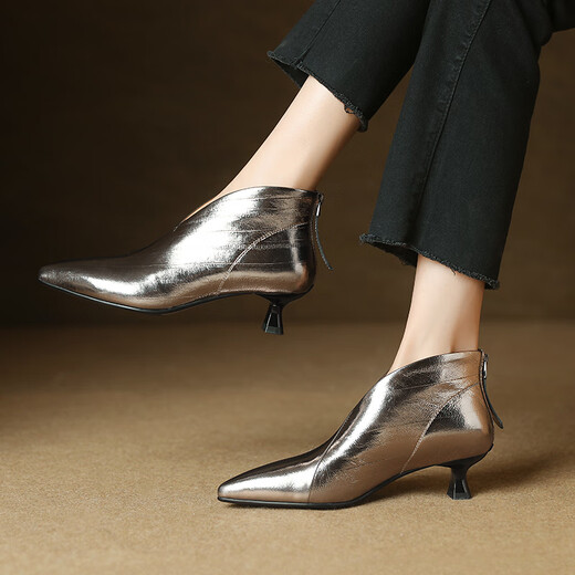 Asamachi French Elegant Pointed Sheepskin Short Boots and Ankle Boots for Women Spring White V-neck Nude Boots Deep Mouth Women's Shoes Commuting Women's Boots Gunmetal 38