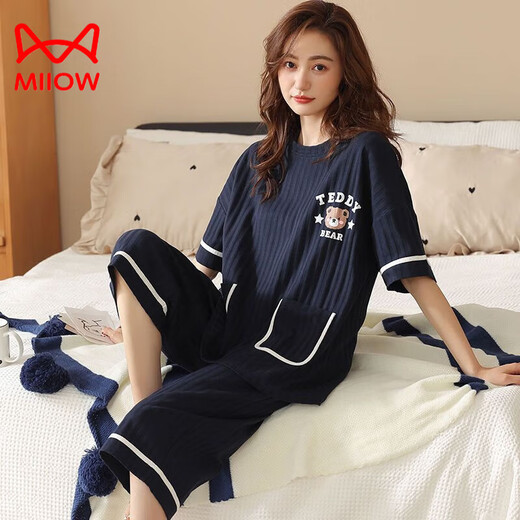 Cat Man (Miiow) 100 reines Baumwoll-Pyjama für Frauen im Sommer kurzärmeligte Hosen Fett MM Plus Size 200 Jin [Jin entspricht 0,5 kg] Lose Cartoon Outdoor-Kleidung 9923 L 100-120 Jin [Jin gleich 0,5 kg]