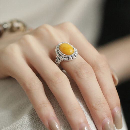 BOIGO925 silver amber beeswax ring women's retro luxury new Chinese style high-end open ring