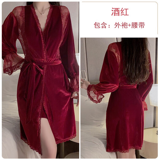 秋冬睡衣丝绒蕾丝拼接深V诱惑加胸垫吊带睡裙外袍家居服 3879黑色(外袍+腰带) M