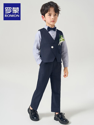 Romon children's dress boy suit suit British style boy's birthday party suit flower girl graduation performance suit vest + trousers + white short-sleeved shirt [Givea tie] 120