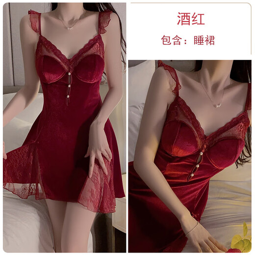 秋冬睡衣丝绒蕾丝拼接深V诱惑加胸垫吊带睡裙外袍家居服 3879黑色(外袍+腰带) M