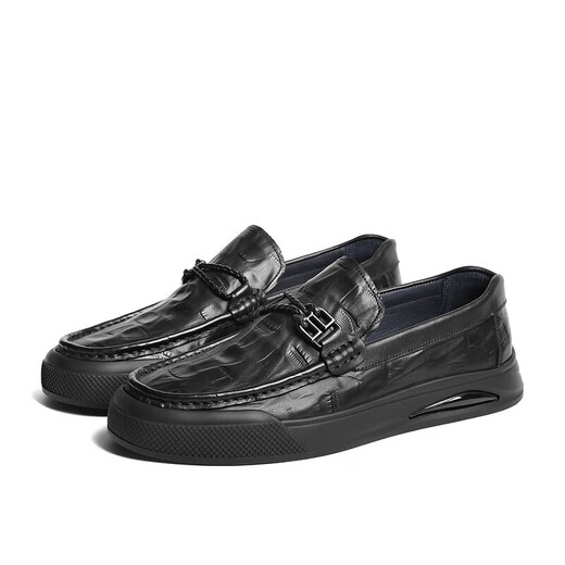 Belle Casual Shoes Men's Cow Leather Plaid Slip-On Shoes A1368AM4 Black 41