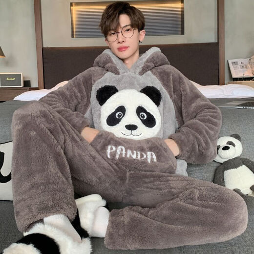 Simple direction men's pajamas autumn and winter coral velvet thickened flannel youth cartoon large-size winter home clothing set 3897 bear thin style 10XL small size m150cm/90Jin[Jin equals 0.5 kg]