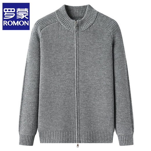 罗蒙（ROMON）双拉链立领开衫男士加厚粗针毛线毛衣秋冬季纯色修身中领针织外套 中灰 XL /115