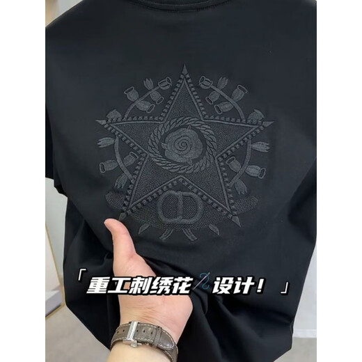 益帛短袖t恤男士夏季韩版潮流修身弹力重工刺绣五分半袖休闲圆领上衣 黑色 XL 【建议115-130斤】