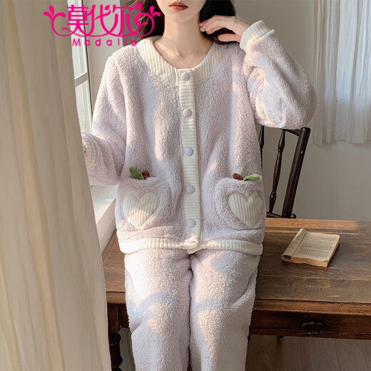 莫代尔珊瑚绒睡衣女秋冬季加绒加厚开衫套装甜美可爱法兰绒可外穿家居服 3882-郁金香 M