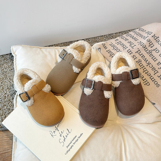 JOYNCLEON children's cotton shoes 2025 winter new style plus velvet and thickening to keep warm girls and children's Birkenstock shoes soft sole non-slip shoes yellow size 22