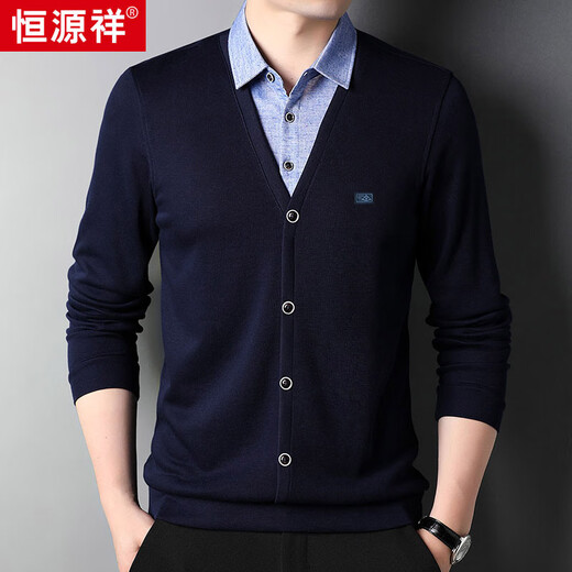 Hengyuanxiang sweater young men's casual fake two-piece versatile sweater top HJ164 Navy 175/92A