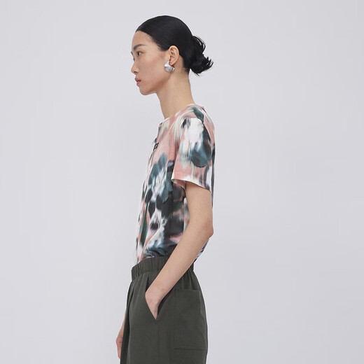 Weniger Baumwoll-T-Shirt für Frauenpersönlichkeit Fuzzy gedruckter runder Nacken kurzärmeliges Top 2N7110420 683/Verschiedenes hellrosa s