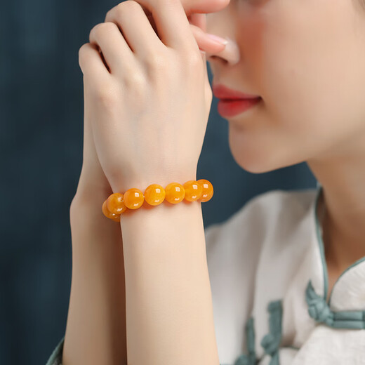 Shi Yuji selects yellow honey, chicken fat, yellow old beeswax, amber single circle bracelet for men and women, 108 beads bracelet with certificate, chicken oil yellow pretty color single circle 14mm*15 beads