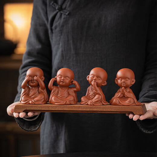 Creative purple sand four little monks tea pet ornaments Zen cute little novice monks boutique can grow tea table tea table decoration four little monks set + three-layer base/YZT