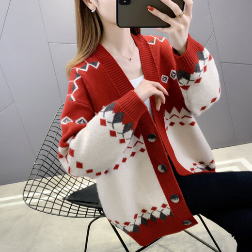 Chenran Knitted Sweater Women's Autumn New Fashion Fashionable Color Block Knitted Cardigan Feminine Loose Belly Covering Outer Jacket Women Red M