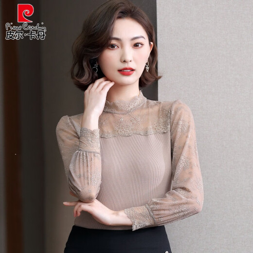 Pierre cardin spring and autumn clothing 2025 new half-turtleneck lace base shirt for women with modal long-sleeved T-shirt top 7027 black polka dot polygon collar One size (90Jin[Jin equals 0.5 kg]-135Jin[Jin equals 0.5 kg])