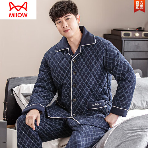 Catman (Miiow) reines Baumwoll-Dreischicht verdickte Baumwollwinter-Pyjama-Pyjama-Baumwolljacke Herbst und Winter Männer mit großer Größe, hautfreundliche hautfreundliche AA9215-Drei-Schicht-verdickte Baumwolle-Cotton 175 (xl Höhe 170-175 Gewicht 135-155