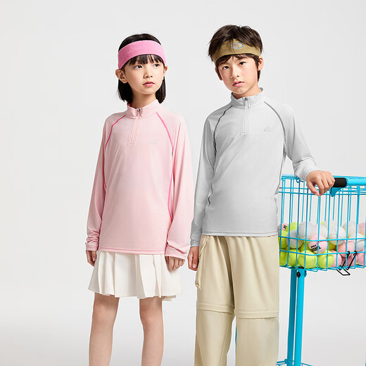 Anaier boys and girls stand collar long-sleeved T-shirt 2025 spring new half open collar sun protection casual sports tops Luo Ying pink 160