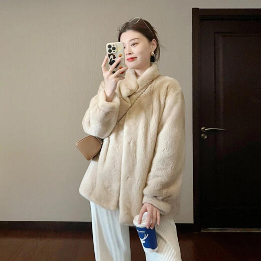 Mishide Nerzfell Mantel Voller Nerzfell mittelgroße Hasing echtem Nerzfell loser Stand Kragen Nerzfell High-End-Gefühl beige Puffärmel. S