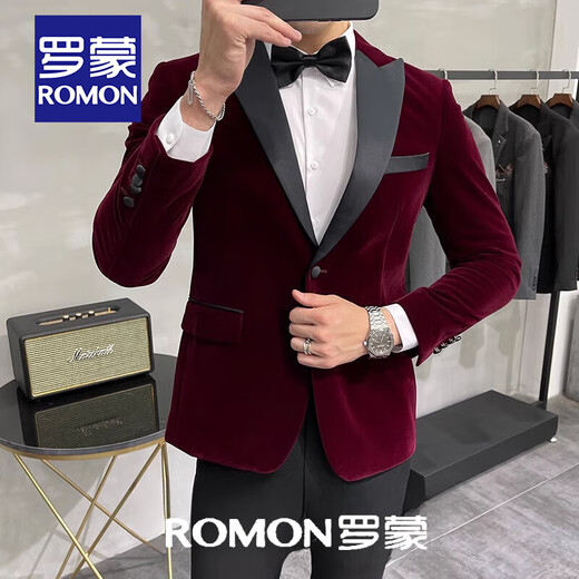 ROMON Burgundy Gold Velvet Suit Men's Stage Host Banquet Groom Velvet Evening Dress Suit Jacket Men's Red Lapel Collar (Velvet) Suit + Pants 2XL