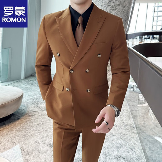 Romon haut de gamme Authentique Authentic Men's Dark Green Suit Suit Groom Double-Basted Suit Casual Slim Meeting Robe Abricot Couleur (costume + pantalon + VIET + chemise) Cravate M
