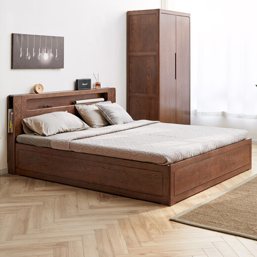 Genji Muyu solid wood bed modern simple oak storage box bed Nordic bedroom double bed high bunk luminous box