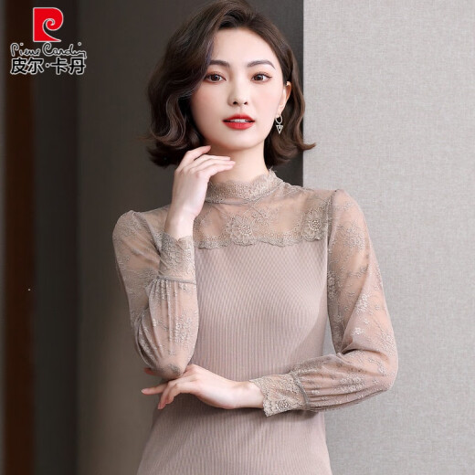 Pierre cardin spring and autumn clothing 2025 new half-turtleneck lace base shirt for women with modal long-sleeved T-shirt top 7027 black polka dot polygon collar One size (90Jin[Jin equals 0.5 kg]-135Jin[Jin equals 0.5 kg])