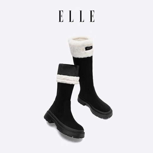 ELLE长靴女靴新款加绒加厚靴子女拼接磨砂长筒靴女两穿雪地靴 黑色 跟高4CM 35 (225mm) 标准码